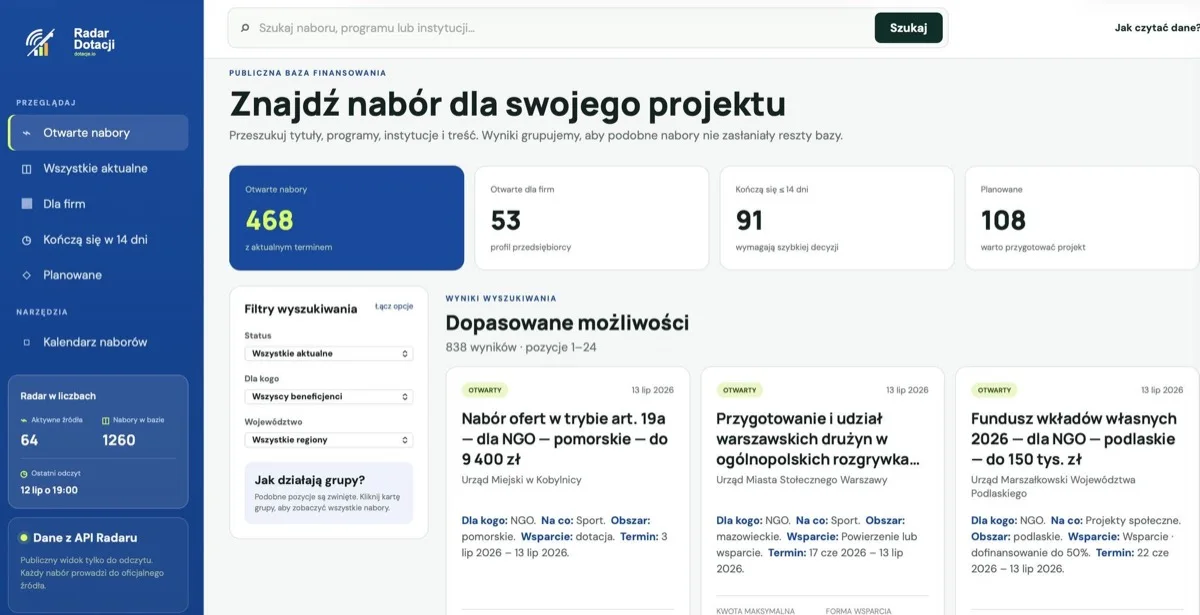 Portal dotacje.io zbudowany przez Pawła: wyszukiwarka naborów dotacji z filtrami i licznikami naborów