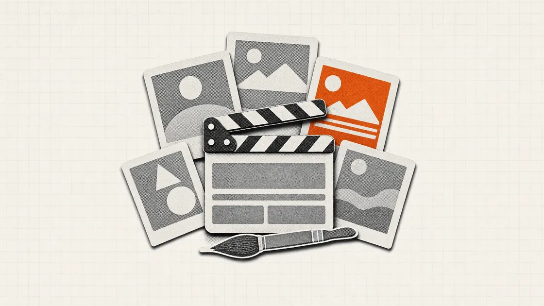 Okładka kursu grafiki i wideo AI: klaps filmowy, wachlarz wydrukowanych kadrów i pędzel