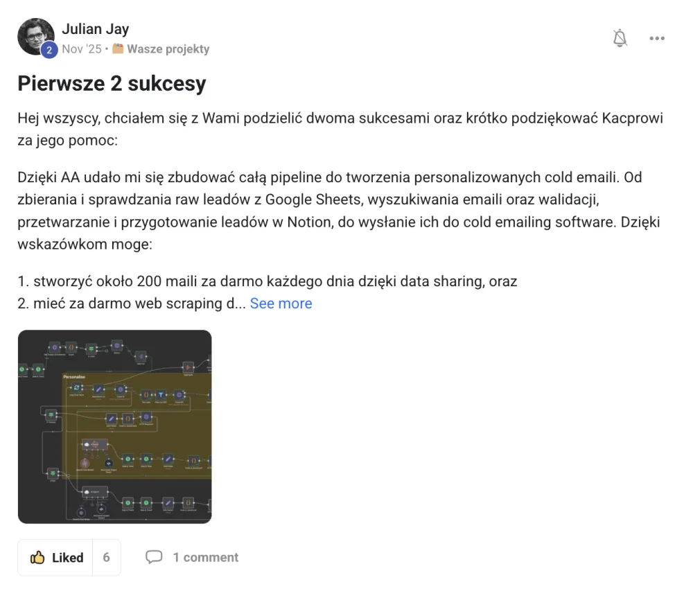 Wpis Juliana ze społeczności: pipeline personalizowanych cold maili w n8n, podziękowania dla Kacpra, około 200 maili dziennie za darmo