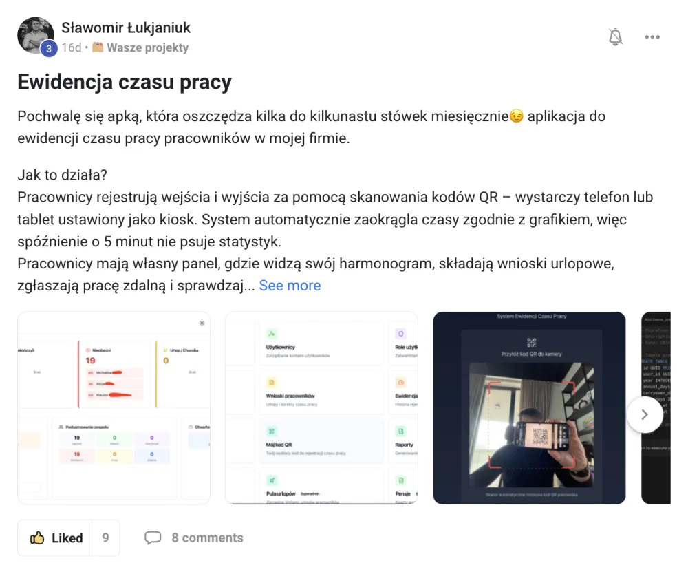 Wpis Sławomira ze społeczności: aplikacja do ewidencji czasu pracy zbudowana w Akademii, oszczędza kilkaset złotych miesięcznie
